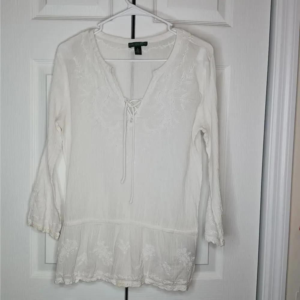 Lauren Ralph Lauren Cotton Peasant Embroidered Tunic Top Sz S